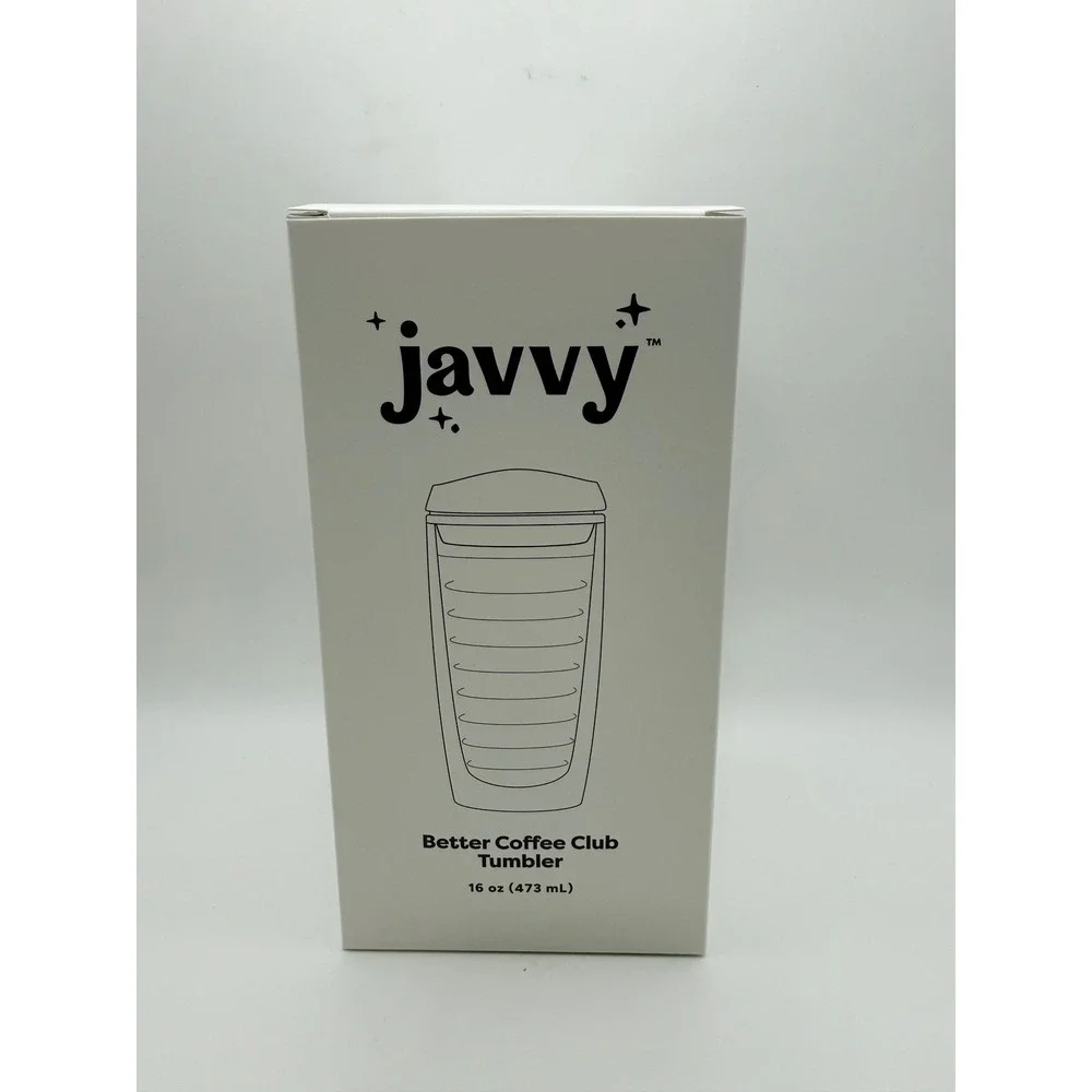 Javvy Better Coffee Club Tumbler 16oz Double Wall Insulated Clear Black Lid NEW